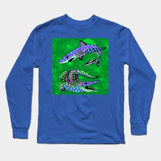 the green swamp and the beach in shark and crocodile alligator wallpaper ecopop pattern Long Sleeve T-Shirt